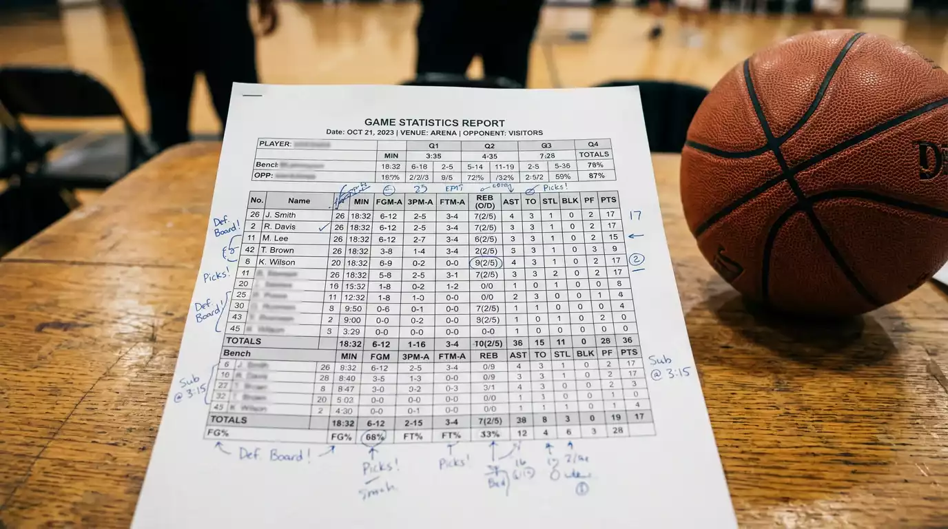 Basketball stat sheet on a wooden table beside a leather basketball, showing handwritten per-game numbers